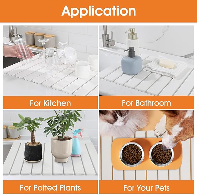 Large Stone Drying Mat for Kitchen Counter - 24x16 Dirt-Resistant Quick Drying Fast Absorbent Non-Slip Diatomite Mat Natural Diatomaceous Earth Dish Drying Pad for Dish Rack (White)