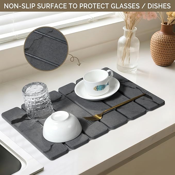 Large Stone Dish Drying Mat for Kitchen Counter 2PCS Quick Dry Stone Dishes MatFoldable Water Absorbing Diatomaceous Drying Organizer Pad for Plate Rack Bottles Utensils(Dark Gray 16x12 &amp 8“x4