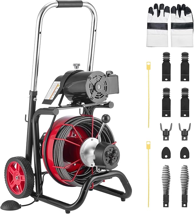 VEVOR Drain Cleaner Machine 100 FT x 3/8 Inch Auto Feed Sewer Snake Auger on Wheels - with 8 Cutters &amp Air-Activated Foot Switch for 2 to 4 Pipes