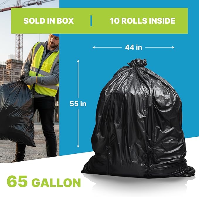 Ultra-Strong Trash Bags 44x55 Inches 2 Mils Thick 50 Count – Heavy Duty Black Garbage Bags with Star Seal Bottom 65 Gallon Capacity