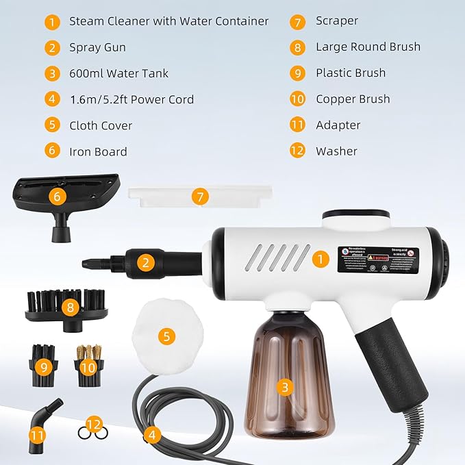 1500W Portable Handheld Steam Cleaner 10s Quick Heat 3-Temp Adjustable - Deep Cleaning Machine with 600ml Tank 3 Brushes Bent Nozzle Window Scraper Storage Bag 5.2ft Cord (US plug)