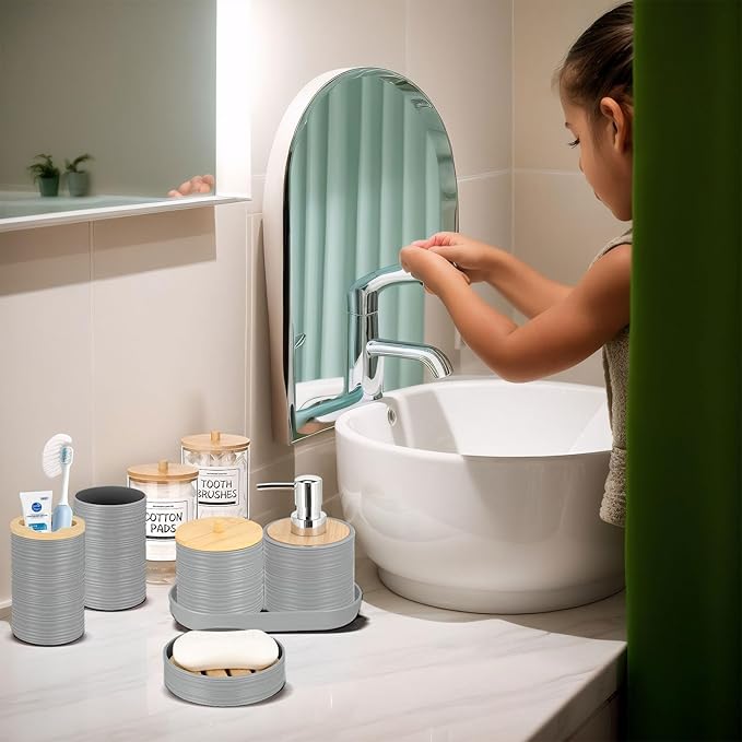 IMAVO Bathroom Accessory Set-11Pcs Grey Bathroom Accessories Set with Trash CanSoap DispenserSoap DishToothbrush HolderToothbrush CupToilet Brush HolderQtip Holder Dispenser with Labels