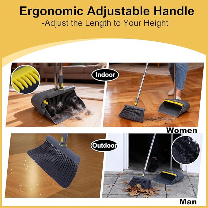 Heavy Duty Broom and Standing Dustpan Combo Set Rotatable Head Dust Pan and Brush Set with Collapsible Handle Cleaning Teeth Hanging Loop Ideal for Pets RV Kitchen Camping Outdoor Floor Gray