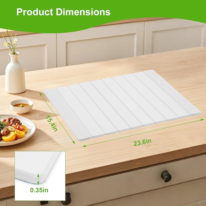 Stone Dish Drying Mat for Kitchen Counter Diatomaceous Earth Water Absorbing Mat Foldable and Super Absorbent Dish Drying Stone Mat for Dishes Bottles Cups Match Any Countertop -White