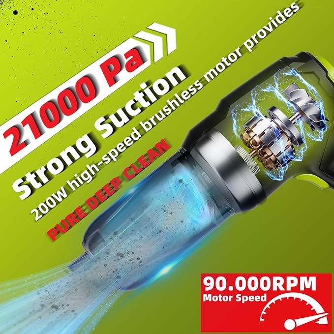 Car Handheld Vacuum Cordless with Battery 21000pa Strong Suction 3 in 1 Vacuum Portable Cordless &amp Blower Kit with 200W Brushless Motor Battery Operated Shop Vac for Home Truck Car Office