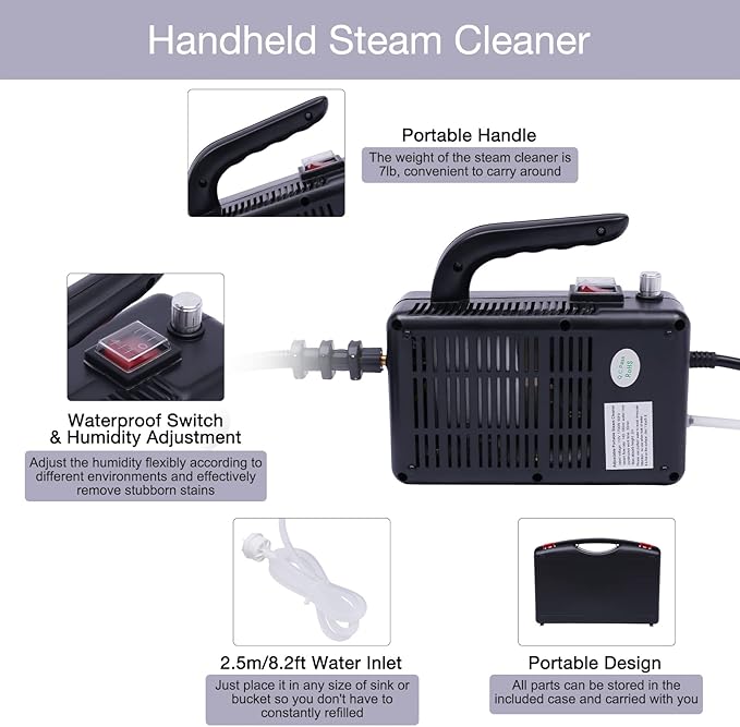 Multifunction Handheld Steam Cleaner 1600W Electric High Pressure Steam Clean Mobile Cleaning Machine Power Steamer High Temperature Portable Steam Cleaner for Furniture Car Household (Black)