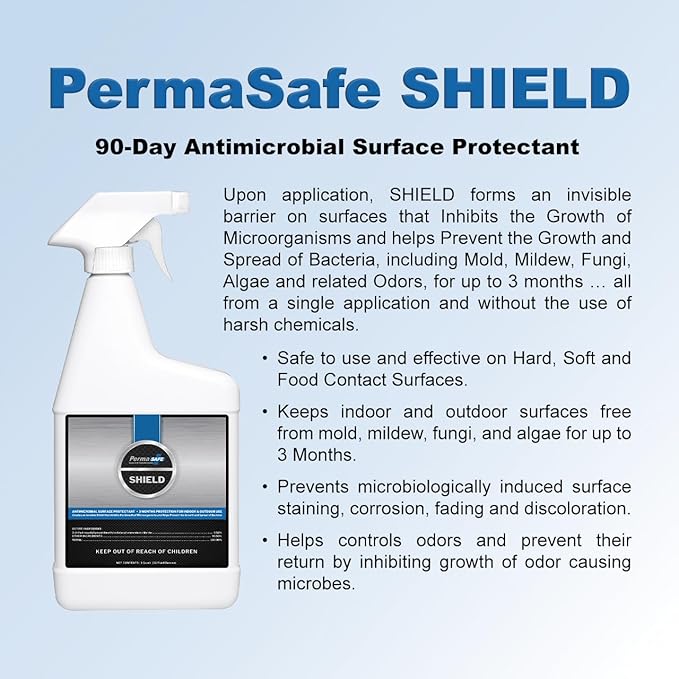 PermaSafe CLEAN Cleans Disinfects Deodorizes in One ‘Spray &amp Walk Away’ Step Sanitizes Hard Soft &amp Food Surfaces + PermaSafe SHIELD 90 Day Antimicrobial Surface Protector. 32 Fl Oz Spray