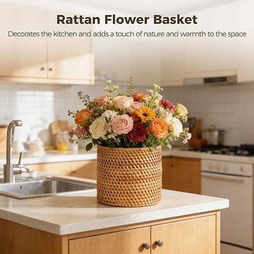 OMISTAR Rattan Trash Can Hand-Woven Small Waste Basket with Open Top Rustic Brown Cylindrical Shape Lightweight Trash Basket for Bathroom Bedroom Office 6.7 x 5.5 x 6.7 in