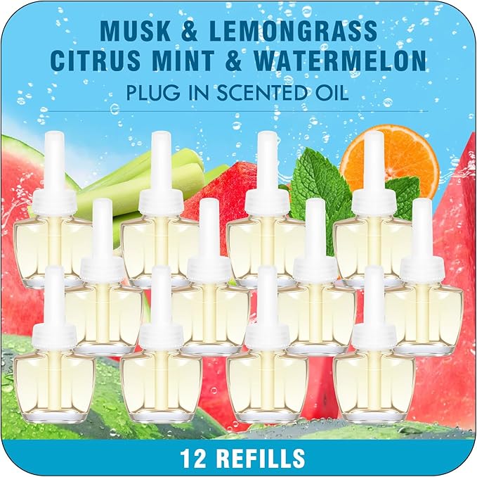 Plug Ins Refills Air Freshener 12 Pack Musk Lemongrass Citrus Mint Watermelon Summer Fragrance for Home and Bathroom Compatible with Air Wick &amp Glade(Excludes Glade Plus)