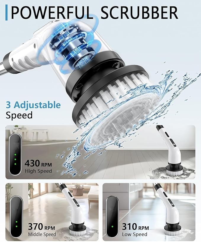 Electric Spin Scrubber for Cleaning Bathroom Shower Scrubber Cordless Cleaning Brush with IPX7 Waterproof &amp 3 Speed 9 Brush Heads Bathroom Cleaning Supplies for Shower Tub Kitchen Tile Toilet F