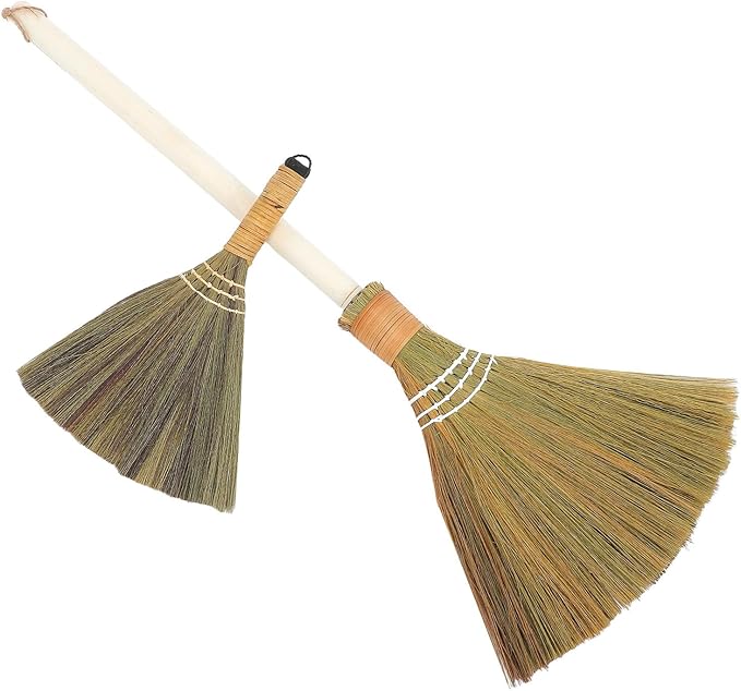 ARTIBETTER 2pcs Handmade Soft Bristle Grass Broom Set with Removable Handle Small and Large Indoor Dust Cleaning Brooms for Living Room and Household Use