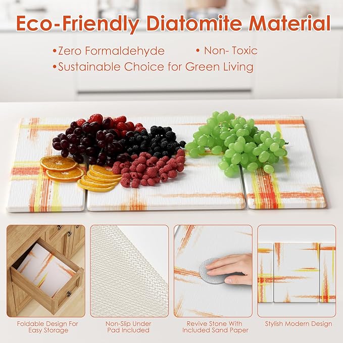 3 PCS Large Stone Dish Drying Mat for Kitchen Counter -24x16 Absorbent Diatomaceous Earth Mat with Stone Faucet Mat &amp Soap Tray - Quick Dry Collapsible Non-Slip Countertop Organizer