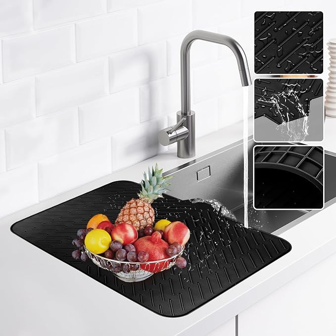 Silicone Dish Drying Mat with Built-in Drain Lip Dish Drying Mats for Kitchen Counter Hygienic Ultra Absorbent Dish Drying Pad Sturdy Compact Easy to Clean Tray Prevents Water Build Up (Black)