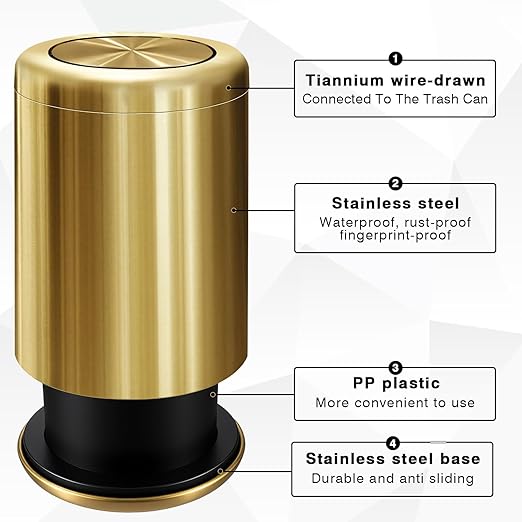 Maxdot 8 L/ 2.1 Gallon Gold Bathroom Trash Can with Flipping Lid Small Stainless Steel Garbage Bin Bathroom Trash Can Bin for Office Living Room Kitchen Bedroom Hotel