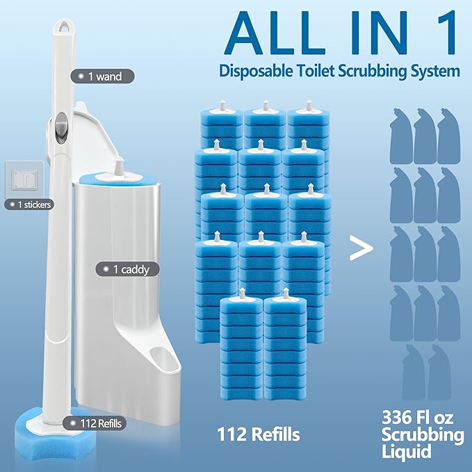 Disposable Toilet Brush with 112 Refills Toilet Bowl Wand and Holder White Toilet Cleaning Brush Toilet Bowl Wand Kit Wall-mounted Toilet Brush Refill for Efficient and Deep Scrub Toilet.