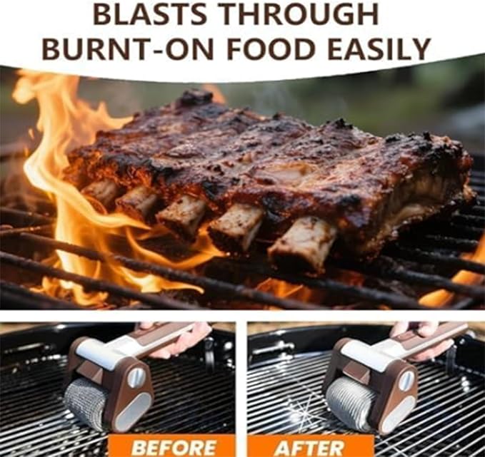Cordless Electric BBQ Grill Cleaner with Its Rechargeable BBQ Brush and Stainless Steel Wheels is Ideal for Outdoor Cooking.