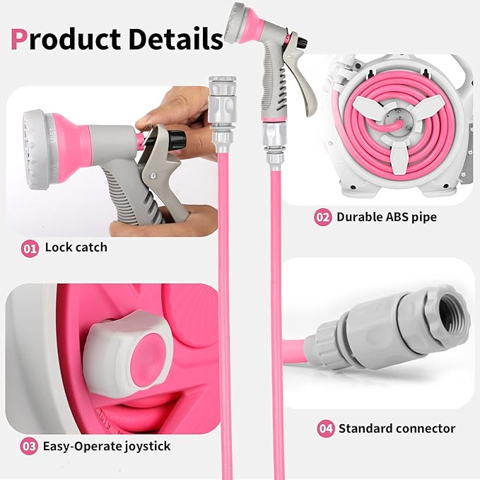 Garden Retractable Hose Reel Portable Simple Home Hose Reel 45+5 FT with 7 Patterns Spray Nozzle Wall Mounted and Any Length Lock for Garden Watering Car Washing Pet (Red Rose)