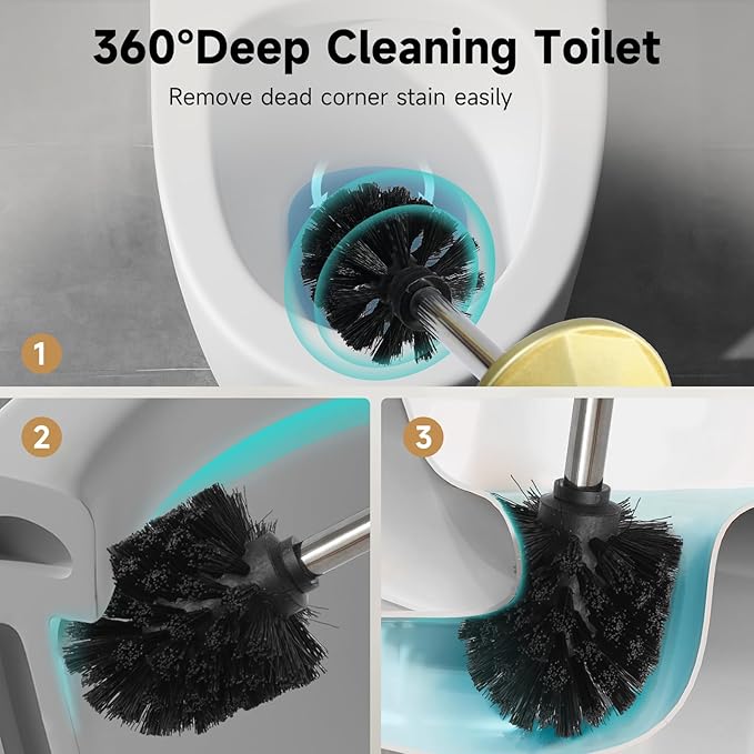 Gold Toilet Brush and HolderExtra Long Handled Toilet Brush for BathroomStainless Steel Heavy Duty Toilet Bowl BrushDeep Cleaning Modern Toilet Cleaner Brush -Space Saving Covered Brush Durable