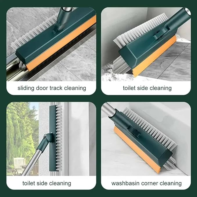 3 in 1 Adjustable Scrub Brush Floor Scrub Brush with Long Handle Floor Scrubber with Squeegee and Tweezer Push Broom with Long HandleHeavy-Duty Stiff 90° Bristle Broom (Blue)
