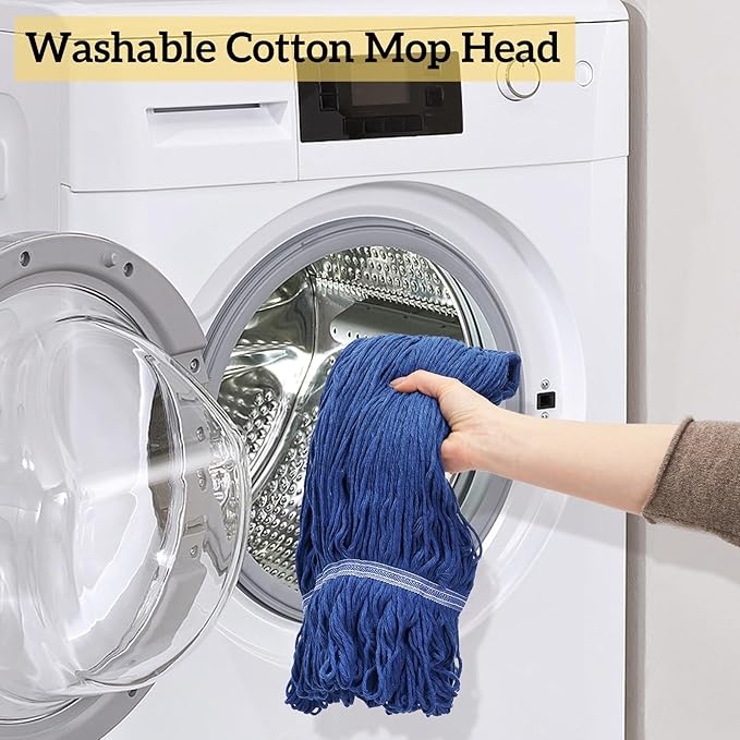 Commercial Mop Heavy Duty Looped End String Wet Mop with 64'' Long Handle Industrial Cotton Dust Mop with Extra Replacement Heads for Home Office Garage Warehouse Floor Cleaning