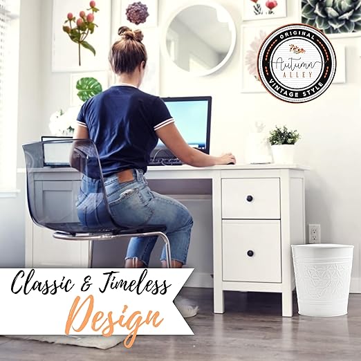 Autumn Alley Handcrafted White Bathroom Trash Can Round Open-Top Bathroom Wastebasket Stylish Metal Waste Bin for Home Office Bedroom Decorative Waste Basket Decor Coastal Trash Can White 2 Gal.