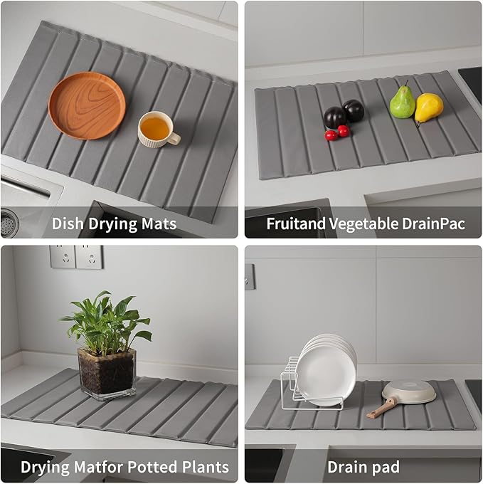 Stone Dish Drying Mat with PU Leather Surface for Kitchen Counter Water-Absorbent Collapsible Roll up Quick Dry Non-Slip for Cups Dishes BottlesRemovable and washable(Medium Gray 23.6”x15.4”)