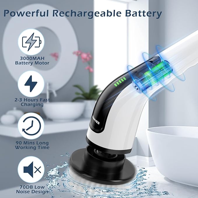Electric Spin Scrubber Cordless Cleaning Brush Scrubber for Home 8 Replaceable Brush Heads-90Mins Work Time 3 Adjustable Size 2 Speeds for Bathroom Shower Bathtub Glass Car