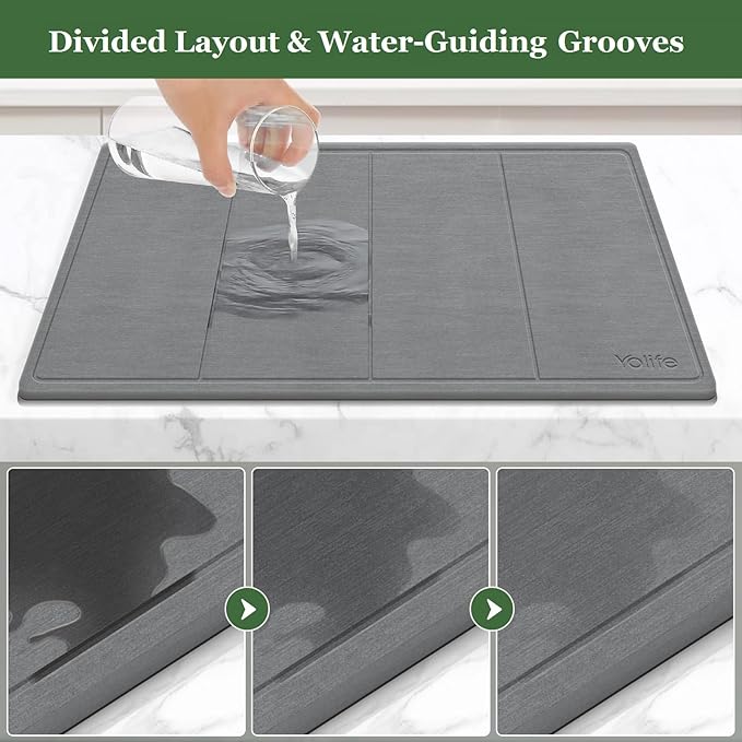 Yolife Extra Large Stone Drying Mat for Kitchen Counter 23.7 x 15.4 Kitchen Stone Dish Drying Mat Quick Drying Diatomaceous Earth Dish Drying Mat Stone Dish Mat with Non Slip Pad (Grey)