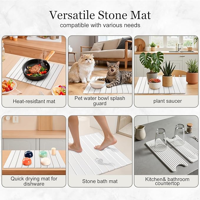 3PCS Set Large Stone Drying Mat for Kitchen Counter Foldable Collapsible Fast Drying Stone Dish Mat Water Absorbing Natural Diatomaceous Earth Bath Mat Quick Dry Stone Tray Bathroom Countertop White