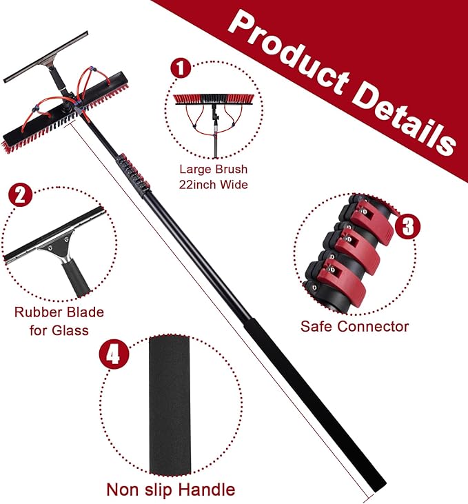24FT Solar Panel Cleaning Brush &amp Squeegee Kit Proffesional Window Washing Tool 22in Wide Brush &amp 2 Dusting Brush Water Fed Pole Extendable Telescopic Pole for Roof Mounted Solar Panels