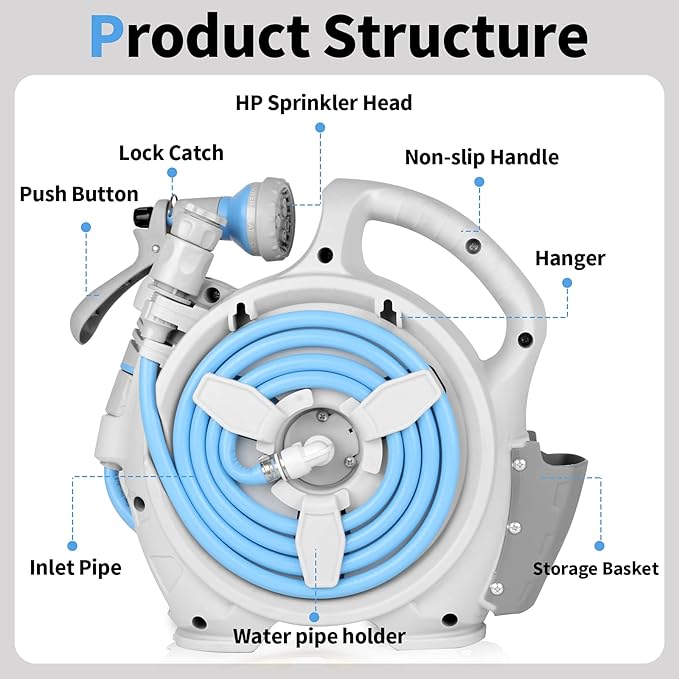 Garden Retractable Hose Reel Portable Simple Home Hose Reel 45+5 FT with 7 Patterns Spray Nozzle Wall Mounted and Any Length Lock for Garden Watering Car Washing Pet (Blue)