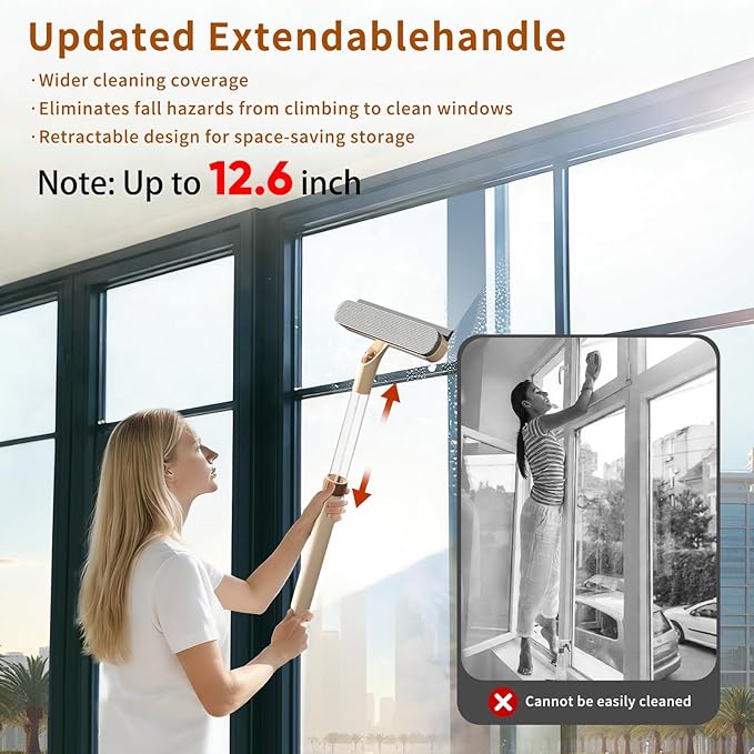 2 Pack 5-in-1 Extendable Window Squeegee with Spray 12.6 Inches All-Purpose Window Cleaner Tool Sponges Silicon Blade &amp Gap Brush for Indoor/Outdoor Glass Shower Door Car Windshield Mirror