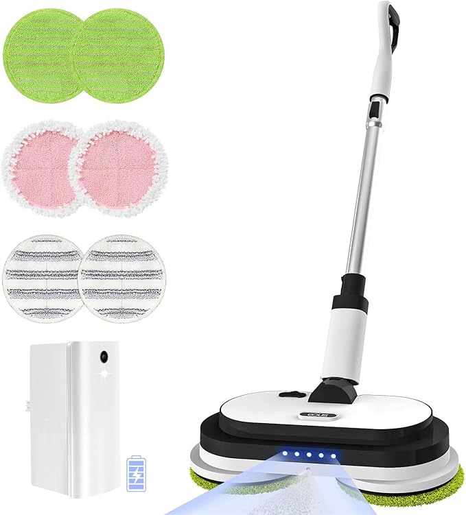 Cordless Electric Mop Floor Cleaner with LED Headlight &amp Water Sprayer Up to 60 Mins Detachable Battery Dual-Motor Powerful Spin Mop 300ML Water Tank for Multi-Surface Self-Propelled