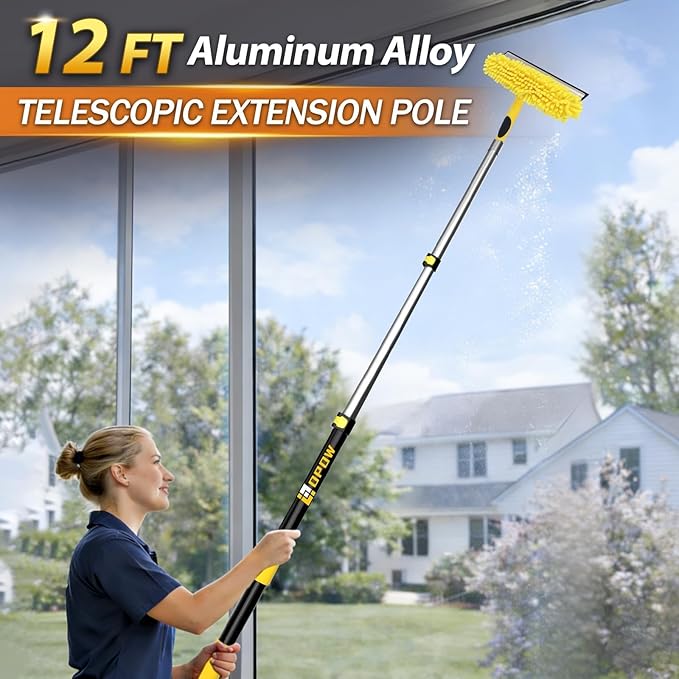 18FT High Reach Window Squeegee with Extension Pole 2 in 1 Window Washing Kit with 3-Stage Telescopic Pole &amp Rotatable Head No-Ladder Window Cleaner for High Window Solar Panel RV &amp Outdoo
