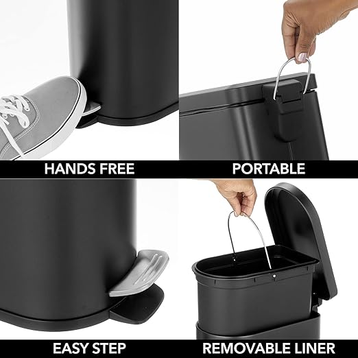 mDesign Small 2.6 Gallon/10 Liter Stainless Steel Metal Step Trash Can Garbage Bin for Bathroom Bedroom Home Office D-Shape Trashcan with Foot Pedal/Lid Removable Liner Bucket with Handles Black