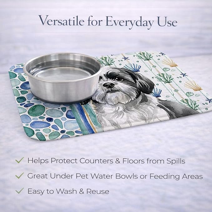 Caroline's Treasures Black and White Shih Tzu Coastal Sea Glass Dish Drying Mat Absorbent Dish Drying Mat Pad for Kitchen Counter Dish Drainer Mat for Countertop 14 x 21 Multicolor