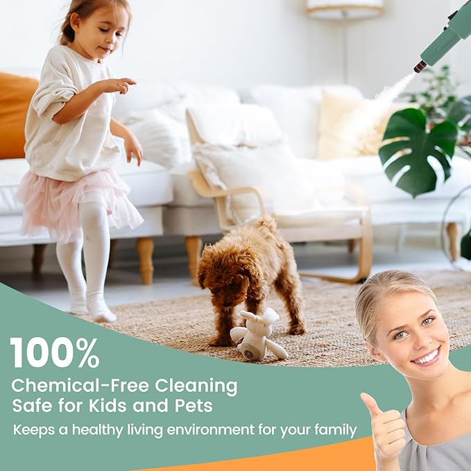 Handheld Steam Cleaner 1400W Pressurized Steamer with 17 Pieces Accessory Set &amp Child Lock Multipurpose Portable Steam Mop for Home Use Floors Windows Cars Sofas (Green)