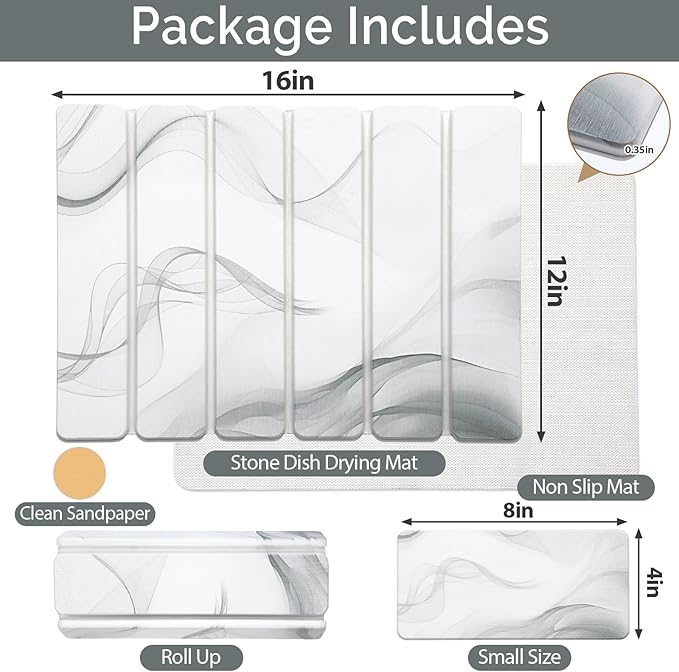 Small Stone Dish Drying Mat for Kitchen Counter 2 PCS 16×12 &amp 8x4 Quick Dry Stone Mats Foldable Water Absorbing Diatomaceous Earth Drying Dish Pad for Countertop Bottle Utensil Cup(White Gra