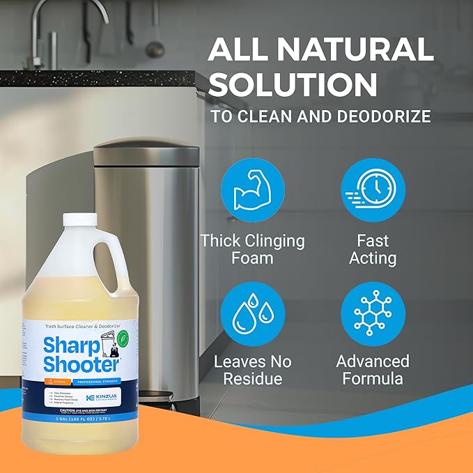 KINZUA ENVIRONMENTAL Sharpshooter Heavy-Duty Trash Can Odor Eliminator &amp Degreaser Garbage Surface Cleaner and Deodorizer Foam Professional-Grade Fresh Citrus Scent 1 Gallon