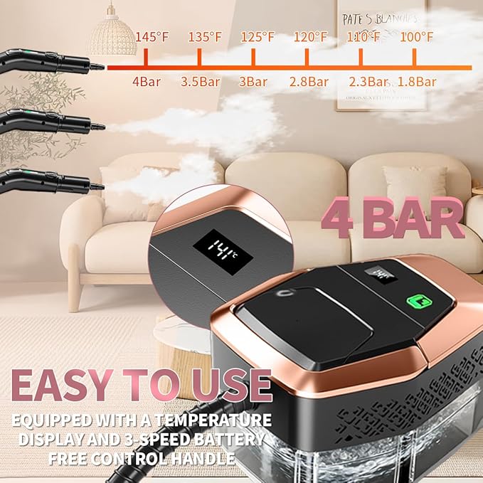 Steam Cleaner for Home &amp Car 3-Level Adjustable Steamer for Cleaning with Temp Display15s Fast Heat1.8L Large Tank 4Bar Powerful Steam for GroutGreaseTileCouchToilet Car DetailingWindows