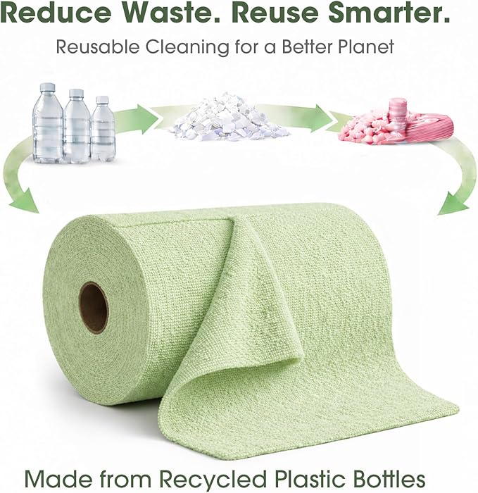 Microfiber Cleaning Cloth Roll - 100 Pack Tear Away Microfiber Paper Towels Reusable Washable Scratch-Free Kitchen Towels for Car Home Kitchen Glass Dishes(Bean Green)