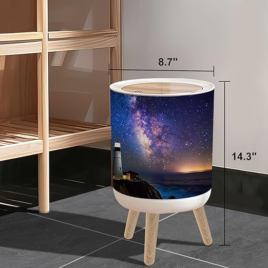 Small Trash Can with Lid Milky Way Lighthouse Pescadero California 1.8 Gallon/7L Garbage Can Waste Bin with Pop-Up Lid Wood Legs Wastebasket for Bathroom Kitchen Bedroom