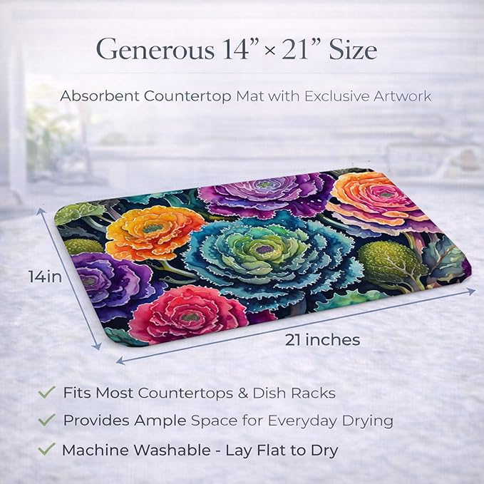 Caroline's Treasures DAC1449DDM Ornamental Kale in Color Dish Drying Mat Absorbent Dish Drying Mat Pad for Kitchen Counter Dish Drainer Mat for Countertop 14 x 21 Multicolor