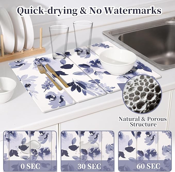 3 PCS Stone Dish Drying Mat for Kitchen Counter Quick Dry Foldable Stone Dishes Mats Water Absorbing Diatomaceous Earth Drying Organizer for Dishes Bottles Cups and Tableware (Blue)