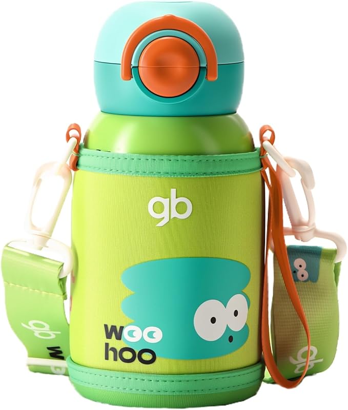 gb Insulated Water Bottle for Kids with Straw Direct Drink Spout BPA-Free SUS316 Stainless Steel 12-Hour Temperature Retention Leak-Proof Adjustable Oxford Strap Green