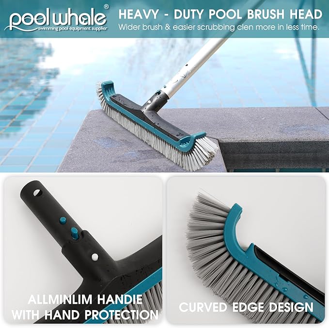 Swimming Pool Cleaning Kit - Aluminum Frame Skimmer Net with 10Ft Adjustable Pole &amp 17.5” Pool Brush Head Pools Maintenance Kits for Inground &amp Above Ground Swimming Pools Removes Debris