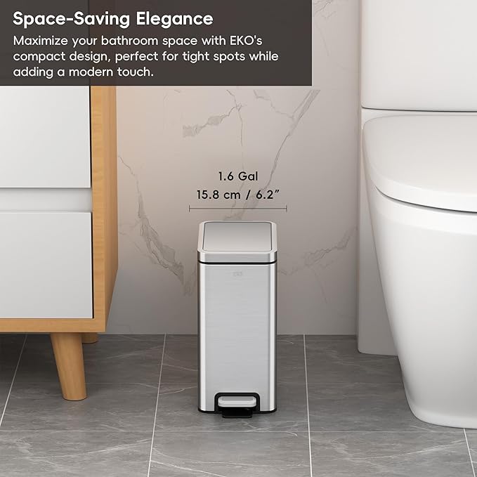 EKO Small Bathroom Trash Can with Lid Soft Close Step Pedal 6 Liter / 1.6 Gallon Stainless Steel Garbage Can with Removable Inner Bucket Anti-Fingerprint Finish (Silver)