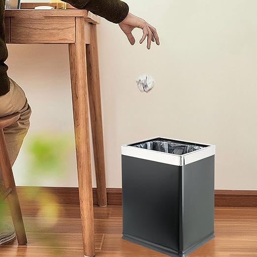Brelso 'Invisi-Overlap' Open Top Metal Trash Can Small Office Wastebasket Modern Home Décor Rectangle Shape (Black)
