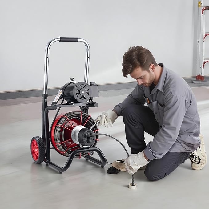 VEVOR Drain Cleaner Machine 100 FT x 3/8 Inch Auto Feed Sewer Snake Auger on Wheels - with 8 Cutters &amp Air-Activated Foot Switch for 2 to 4 Pipes
