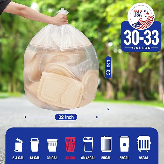Delxo 30-33 Gallon Clear Trash Bags 250 Count – Medium Duty Garbage Bags Thick Durable &amp Puncture-Resistant Plastic Perforated Design– Made in USA for Kitchen Yard Office &amp Party